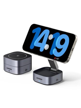 UGREEN MagFlow 2-в-1: Бездротовий зарядний пристрій MagSafe для iPhone 17/17 Air/16 Pro/16/15/14/13/12, AirPods. Складний стенд з кабелем 1м