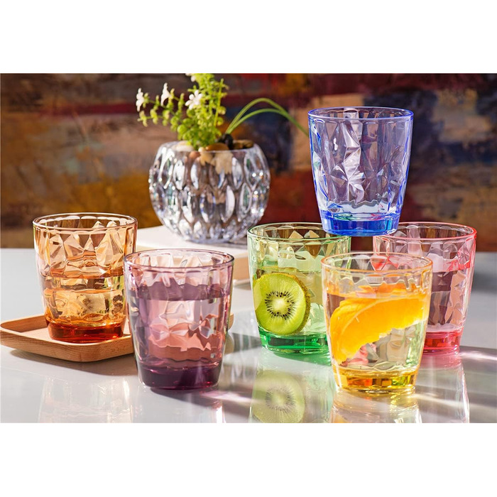 YINJOYI 300ml 4-Piece Glass Water Glasses, Plastic Cups, Drinking Glasses, Drinking Cups, Long Drink Glasses, Children's Juice Glasses, Reusable (4 Colors)