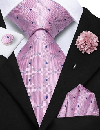 Чоловіча краватка Hi-Tie чорно-рожевого кольору з візерунком пає, смужки, крапки. Комплект з краватки та нагрудного хустинки. Ідеально для вечірок, весіль, офіційних заходів та бізнесу.