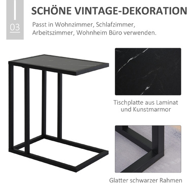 HOMCOM Side Table, Coffee Table with Marble Look, Coffee Table with Metal Frame, for Living Room, Bedroom, 45 x 30 x 51.5 cm Black | Aosom