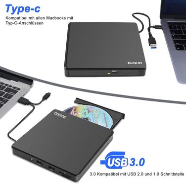 Зовнішній CD/DVD привід BU USB 3.0 & Type-C, DVD+/-RW Brenner з картридером SD/TF та USB-портами для ноутбука, ПК, MacBook, Windows 11/10, macOS, чорний