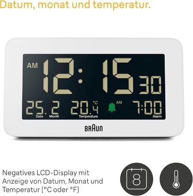 Braun Digital Alarm Clock with Date, Month, and Temperature Display, Negative LCD Display, Quick Set Function, and Gradual Alarm Sound in White, Model BC10W.
