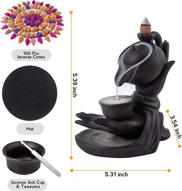 Waterfall Incense Holder Buddha Hand Backflow Incense Waterfall Burner Incense Stick Holder Waterfall with 100 Incense Cones 10 Types of Scents