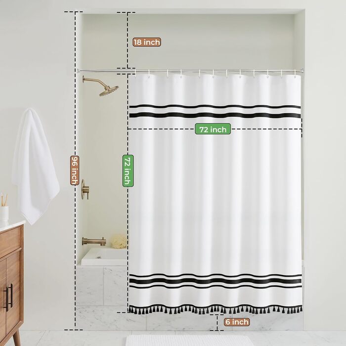 Штора для душу Seasonwood чорно-біла в смужку, 183x183 см. Бохо штора для ванної кімнати з пензликами, водонепроникна