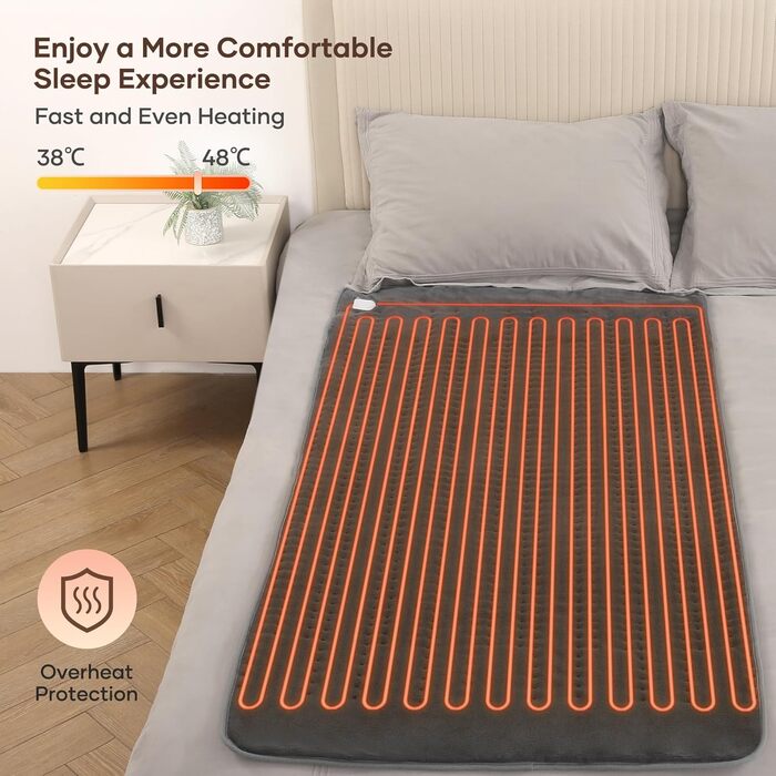 Електричне підігріваюче коврик 150x80 см сірий з 10 рівнями температури, автовимкненням та захистом від перегріву, легке кріплення до ліжка та матрацу (коралловий фліс)
