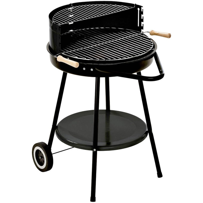 Вугільний гриль GRILLCHEF Corso на колесах, емальована чаша, регульована хромована решітка 48,5 см, стіл, вітрозахист, чорний