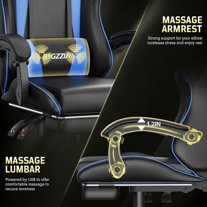Ігрове крісло Bigzzia Ergonomic Gaming Stuhl з підставкою для ніг та функцією масажу, синій