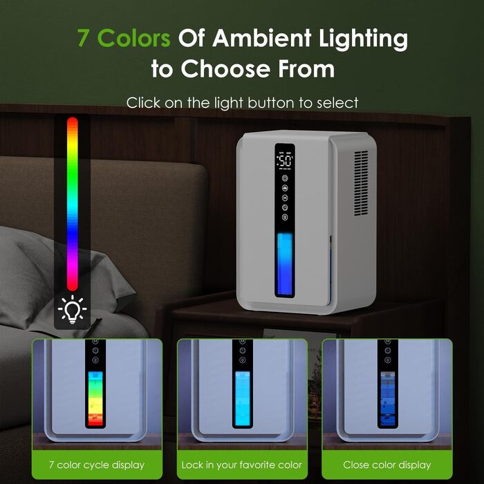 Електричний осушувач повітря 1.8L з антизаморожувальним захистом, 2 швидкості та 2 режими, таймер 48H, RGB підсвітка, для спальні, ванної кімнати та гуртожитку (2500 мл)