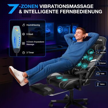 Ігровий крісло Douxlife з масажем, підніжкою, ергономічний офісний крісло, регулювання спинки 90-175°, регульовані підлокітники 2D, для PC геймерів, 150-180 кг, сірий