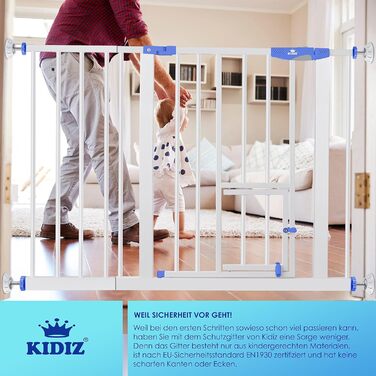 Захисне ворота KIDIZ для дітей з люком для котів, без свердління | Захист від падіння, поворотне, біле | Ширина: 102-115 см, блакитне