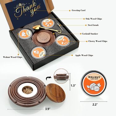 Набір для копчення коктейлів з 4 дерев'яними чіпсами, подарунок на День батька, для віскі, напоїв, кави, бурбона, м'яса та горіхів
