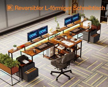 ODK L-Shaped Desk with Drawers, Reversible Corner Desk with LED & Power Strip, Large 189.3x100cm (Vintage Brown)