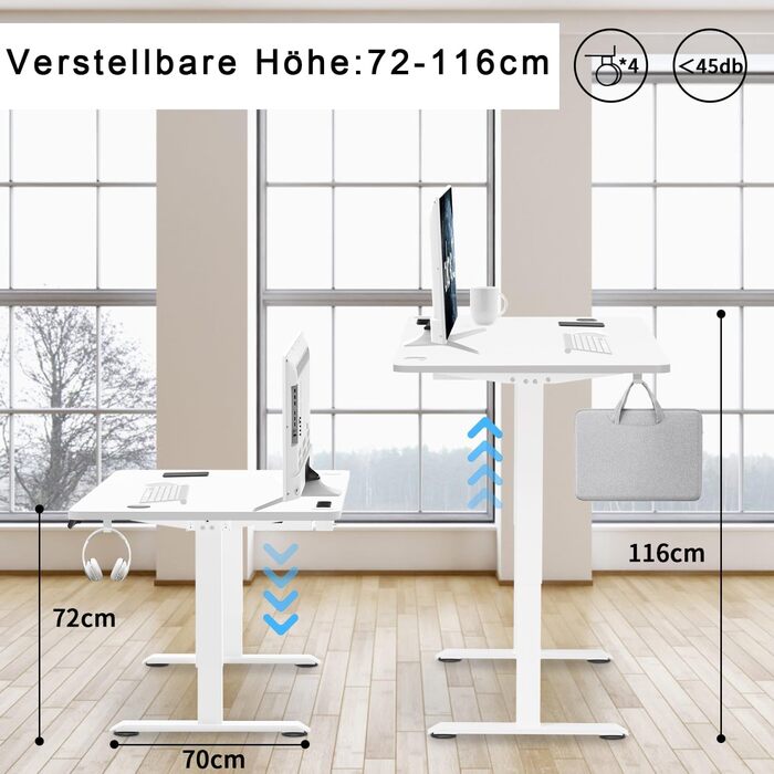 Devoko Adjustable Standing Desk with Wireless Charger, Memory Settings, USB Ports & Wheels - 160x80cm