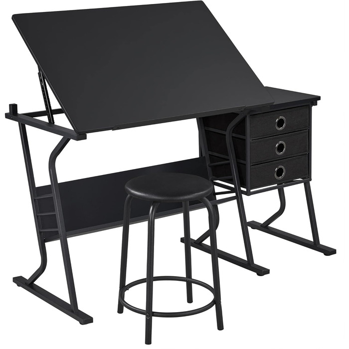 Yaheetech Kids Art Desk Set with Tiltable Tabletop, Side Table with 3 Drawers, Round Chair, and Storage Shelf for Writing, Reading, Painting, and Drawing