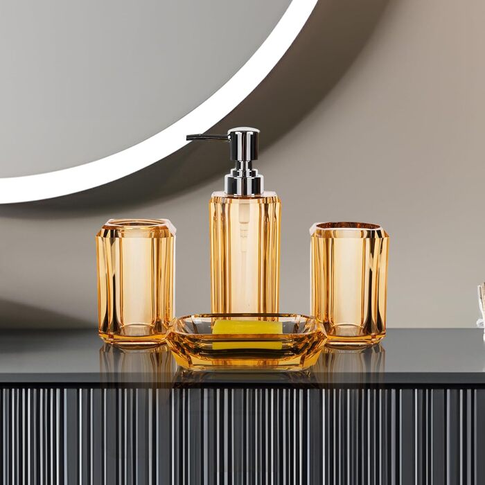 Набір аксесуарів для ванної кімнати з акрилу преміум-якості (4 шт.): дозатор для миючого засобу, диспенсер для лосьйону, мильниця, стакан для ополіскувача, стакан для зубної пасти (чорний/золотий)