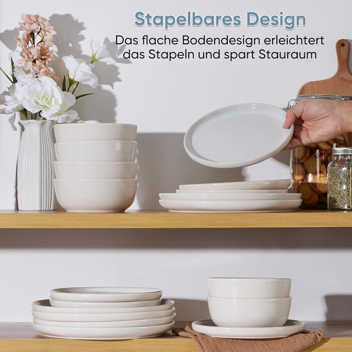 Набір посуду HaWare на 6 осіб, 18 предметів: тарілки, десертні тарілки, миски, бежевий колір. Підходить для мікрохвильової печі та посудомийної машини.