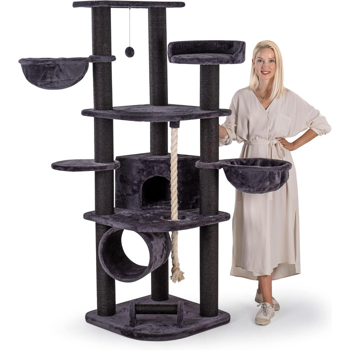 Кігтеточка для котів HAPPYPET 181 см - велика, стійка, з будинком та тунелем, ліжечка, іграшки, антрацит