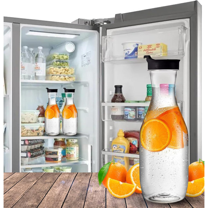 Party Bargains Plastic Carafe with Lid, Transparent, 2 Pack, Black Flip-Top Lid, Premium Quality and Robust Plastic Jug for Iced Tea, Powdered Juice, Cold Drinks, Mimosa Bar, 1.5 L