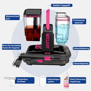 WECLEAN Миючий пилосос для килимів та м'яких меблів, портативний, 350W, двобаковий, чорний та рожевий