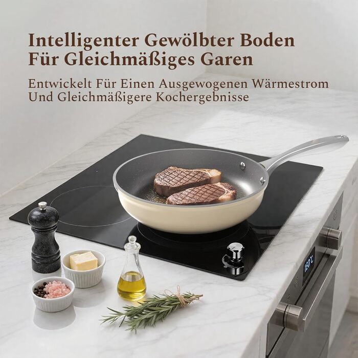 Набір сковорідок Koch Kode: керамічне покриття, 20/24/28 см, з нержавіючою ручкою, для індукційних плит, без PTFE та PFOA, безпечне для здоров'я, бежевий (20 см)