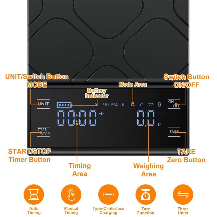 Міні ваги для кави HONPHIER з таймером, 5 кг/0,1 г, LED-дисплей, сенсорне керування, чорний