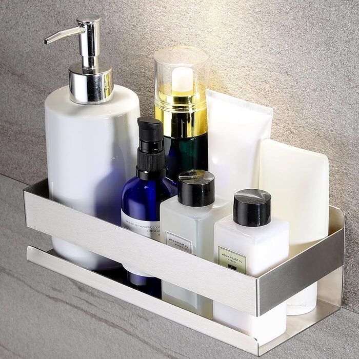 Турнічок для душу YIGII з полицями - кутовий, з нержавіючої сталі, чорний, 4 яруси, без свердління, з тримачем для зубних щіток, регульований 63.5–290 см (Матове срібло)