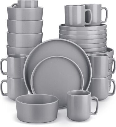 Набір посуду Vancasso SESAM Serie Steingut (16 предметів) для 4-12 осіб – тарілки, миски, чашки, скандинавський дизайн, темно-сірий, біло-сірий, блакитний, зелений