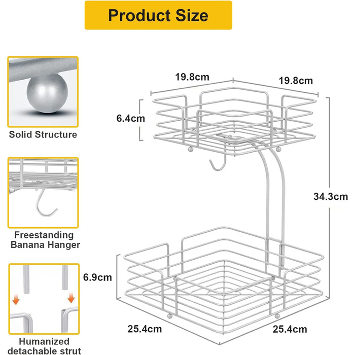 Металева фруктова корзина Bomclap на 2 яруси з підставкою для бананів - кухонна фруктова миска, знімна, декоративна, срібна