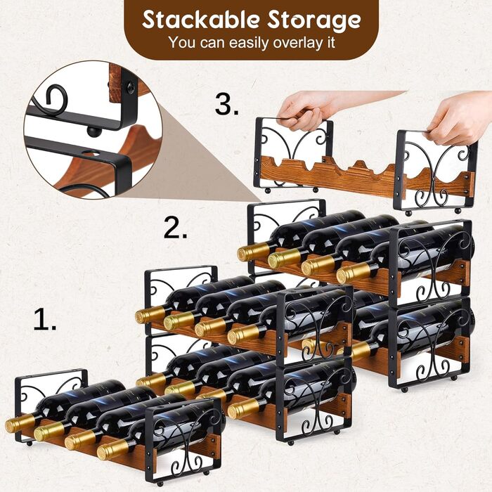 Rustic 3-Tier Stackable Wine Rack Freestanding 12 Bottle Organizer Holder Stand Countertop Liquor Storage Shelf Solid Wood & Iron 16.5