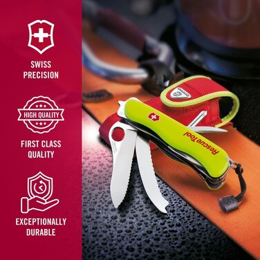 Мультитул Victorinox Rescue Tool MW - пожежний мультиінструмент, 13 функцій, лезо з хвилястим лезом, жовтий, світиться в темряві