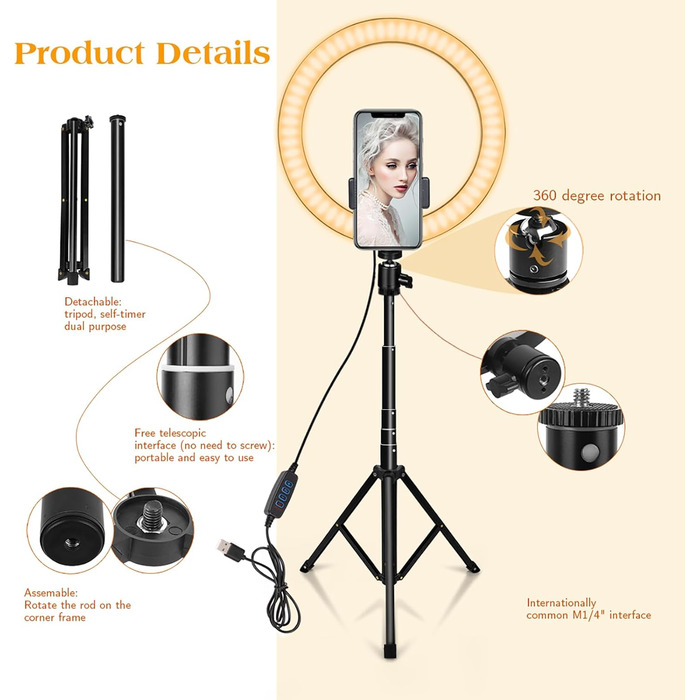 Ring Light AIXPI 10 з регулюванням яскравості, штативом та тримачем для телефону – для YouTube, фото та відео