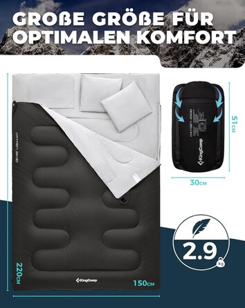KingCamp Double Sleeping Bag - Winter Adult Sleeping Bag for 2 People with Carry Bag - Black