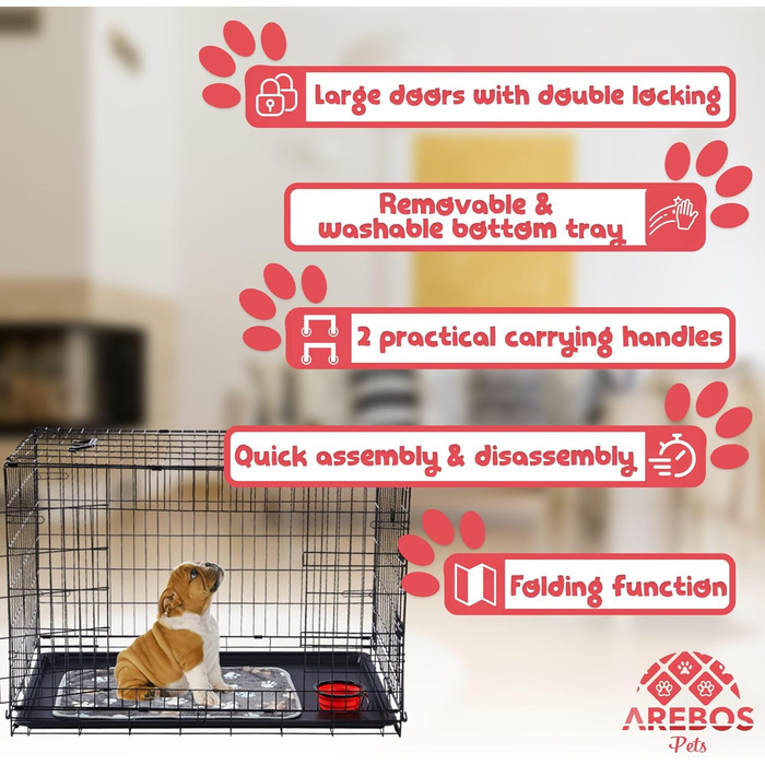 Клітка для собак Arebos | Транспортний бокс для собак, розкладний | Клітка-бокс для собак з 2 дверцятами | Клітка для собак в авто, для дому (63 x 45 x 51 см)