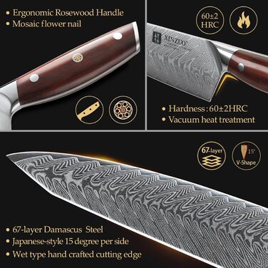 Ніж кухарський XINZUO Damaststahl Kiritsuke 21см, професійний, з ручкою з рожевого дерева, з магнітною підставкою