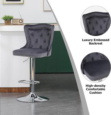KHISCHMO Set of 4 Velvet Bar Stools - Modern Kitchen Counter Stools with Lion Paw Pulls - Adjustable Height, 360° Swivel - Black (Gray)