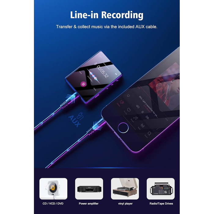 MP3 плеєр Mechen Bluetooth 32GB з динаміком, USB-C, FM-радіо, записом, Hi-Fi звук, тривалий час роботи, підтримка карт пам'яті, чорний