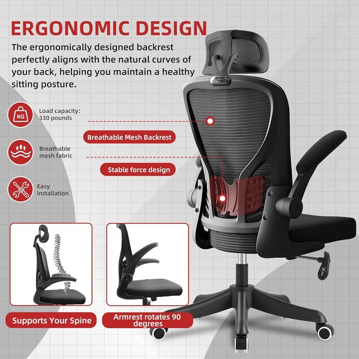 Ергономічне крісло для офісу та геймінгу з регульованою підголівником та підлокітниками, підтримкою попереку, дихаючою спинкою, регулюванням висоти та роликами. Чорний колір.