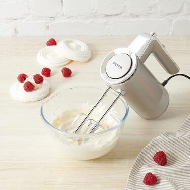 Ручний міксер Petra 300W з 5 швидкостями, турбо-функцією, гаками для тіста та вінчиками, сріблястого кольору з підставкою