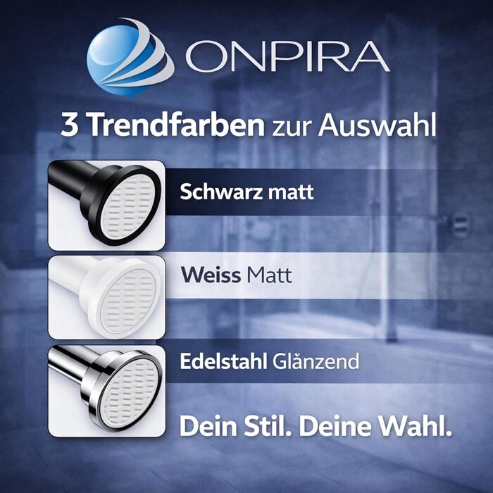 Дзеркальна штанга для душу Onpira® без свердління – нержавіюча штанга для штори для душу та гардини | 5 розмірів 40–230 см | 3 кольори: чорний, білий, нержавіюча сталь | Міцне кріплення до 12 кг, штанга 230 см
