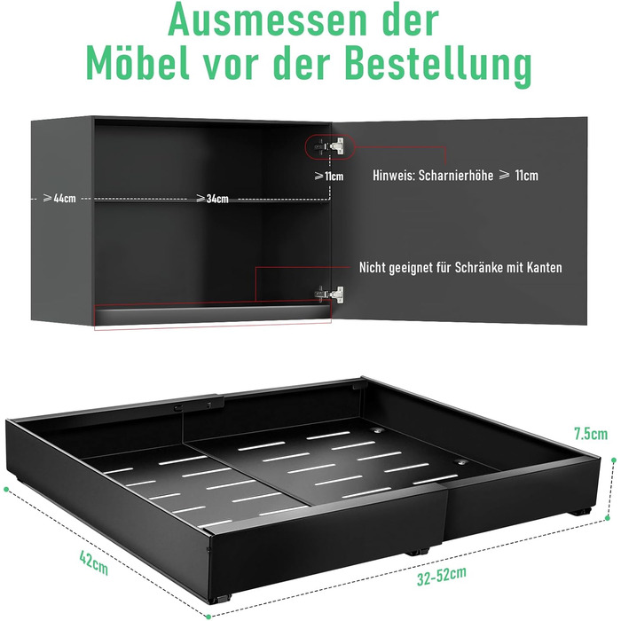 Telescopic Drawer, Adjustable Width 32-52cm, High-Quality Carbon Steel Drawer Organizer Kitchen, Pull Out Cabinet Drawer Organizer, Kitchen Cabinet Drawer Organizer Pull Out (Black)