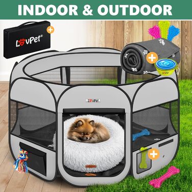LOVPET® Pop-Up Dog Playpen with Bowl & Fleece Blanket - Portable Indoor/Outdoor Pet Pen for Small Dogs & Cats - Oxford Fabric