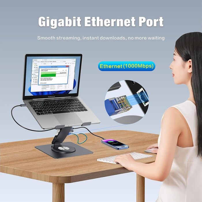 Регульована підставка для ноутбука на стіл з док-станцією, 9-в-1, алюмінієва підставка для ноутбука з USB-хабом, 360° обертання, Dual-Display 4K60Hz HDMI, 3 USB 3.0, 100W PD зарядка, для MacBook Pro Air/Dell