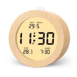 Цифровий будильник aboveClock з дерев'яним корпусом: LCD-дисплей з температурою та датою, функція Snooze, підсвічування, для спальні