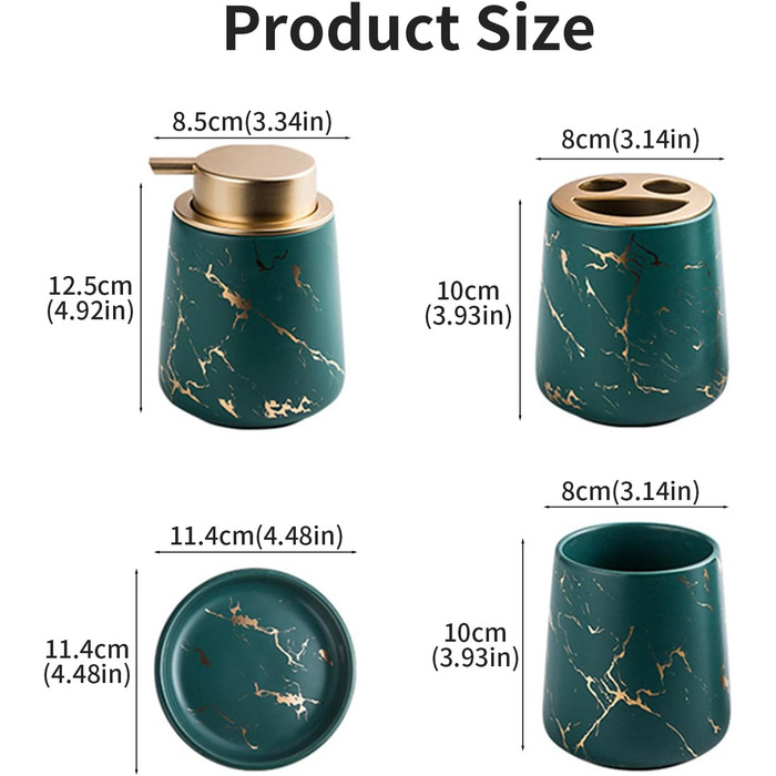 Набір аксесуарів для ванної кімнати: 4 предмети з ефектом темного зеленого мармуру (дозатор мила, тримач для зубних щіток, стакан, мильниця)