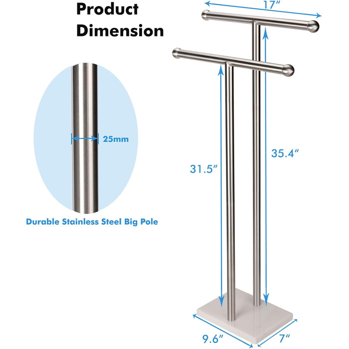 Підставка для рушників стояча, подвійна T-подібна, висока, з основою з мармуровим дизайном для ванної кімнати, 2-ярусна, з нержавіючої сталі (золоте покриття), нікель