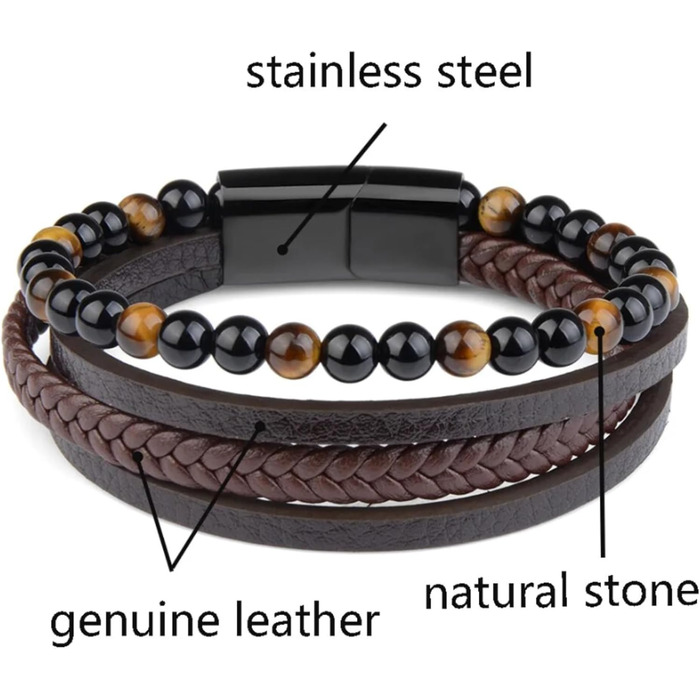 Чоловічий браслет з натуральної шкіри, плетіння ручної роботи. Браслет для чоловіків зі сталевою застібкою, шкіряний браслет з телячої шкіри, широкий браслет з магнітною застібкою, браслет з тигровим оком (21 см)