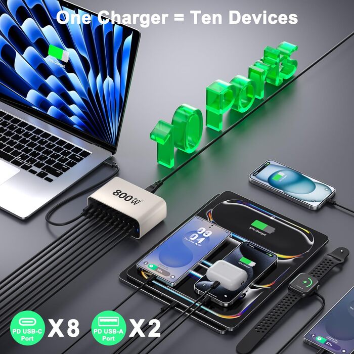 Зарядний пристрій GaN 800W USB-C, 10 портів, для MacBook, Dell, iPhone, Galaxy, ноутбуків, планшетів - Швидка зарядка