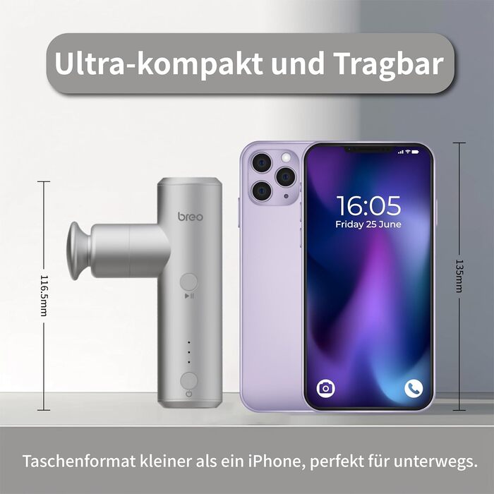 Масажер Breo S1 Mini: портативний масажний пістолет з 4 насадками, USB-C, срібний