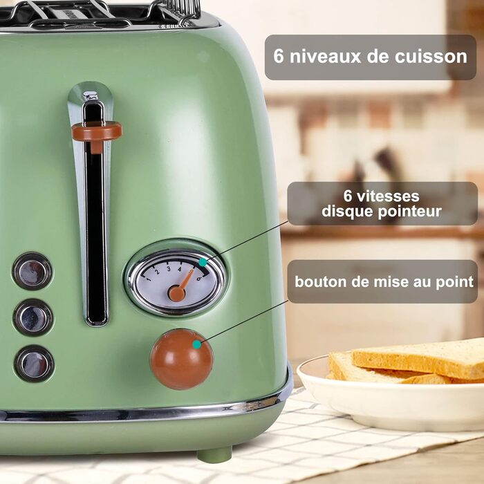Wiltal Retro 2-Slice Toaster with 6 Adjustable Browning Levels, Stainless Steel with high-quality bread roll attachment. Warming, defrosting, and cancel function, countdown display, quick-toast technology (green)