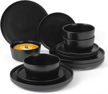Набір посуду Jiwoo на 4 особи (12 предметів): тарілки, миски, десертні тарілки, Bone China, чорний матовий, для мікрохвильовки та посудомийної машини